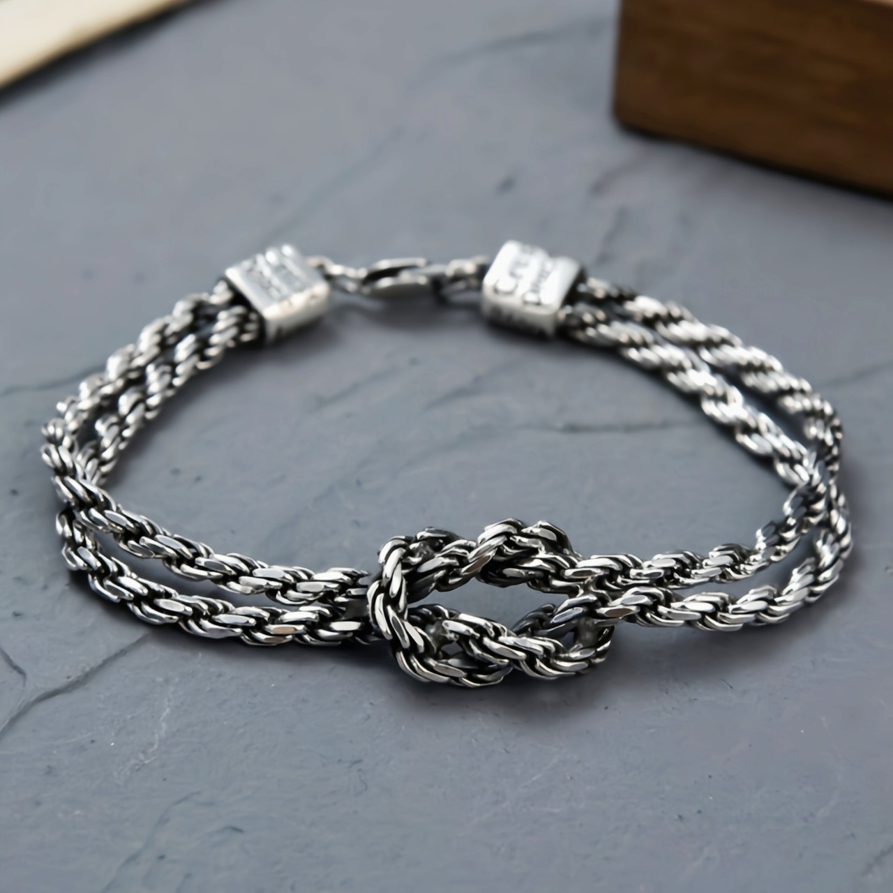 s925纯银麻绳手链男士手工进口编织泰银链子潮牌复古做旧情侣麻花