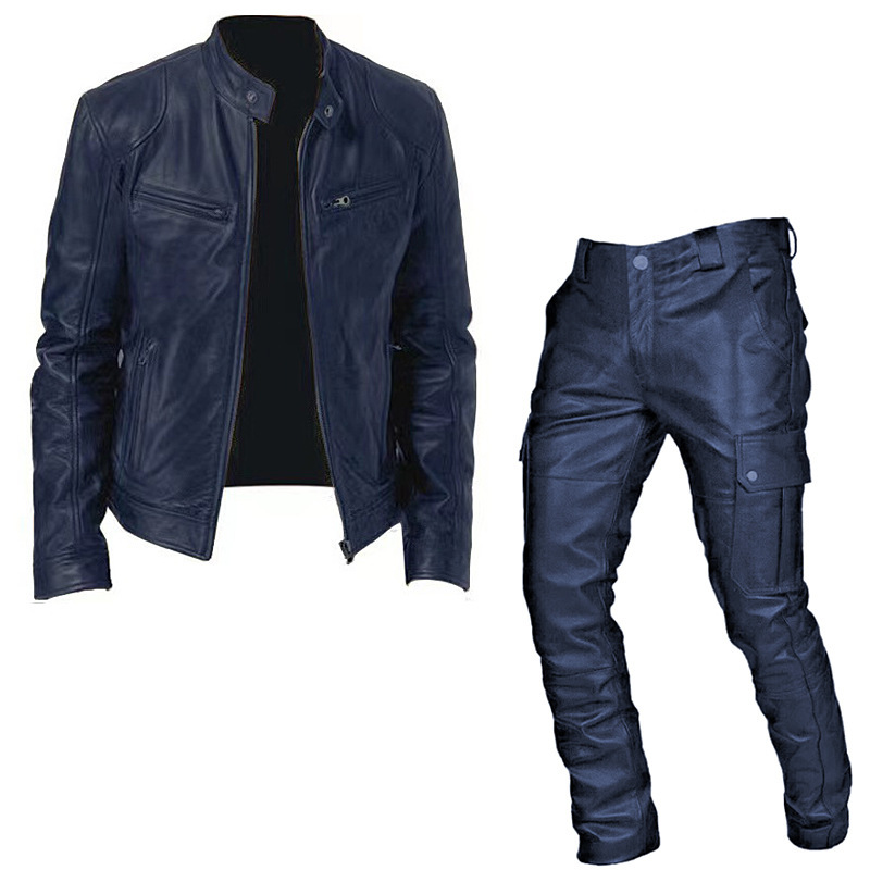外贸秋冬男士Cosplay套装皮衣皮裤两件套PU皮质休闲套装中世纪服