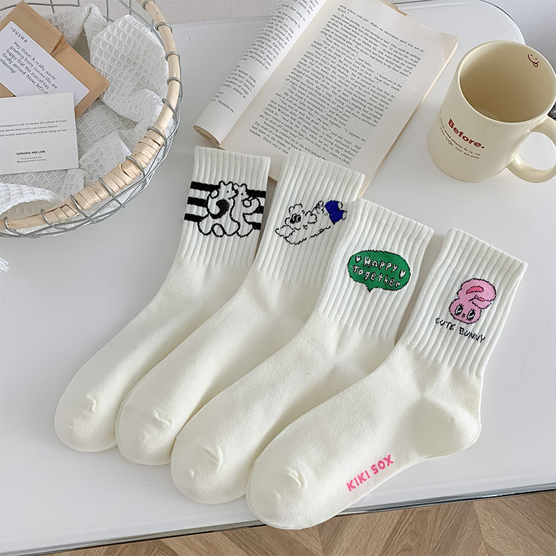 袜子女日系卡通条纹中筒袜春夏百搭可爱女生外穿运动风白色长筒袜