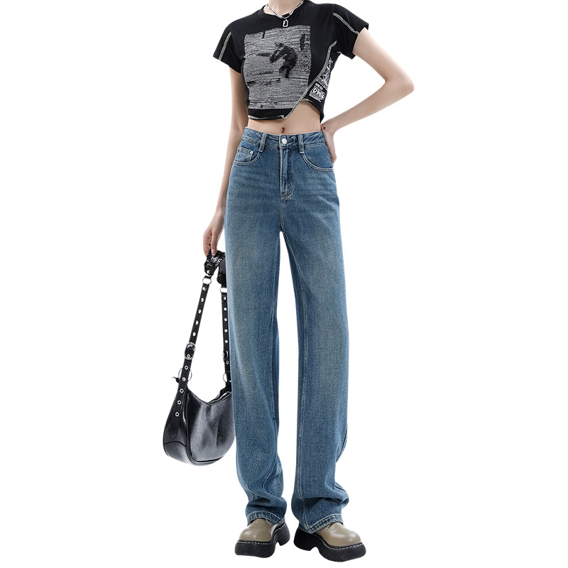 Licshe Narrow Straight Jeans for Women 2024 Spring/Summer New High Waist All-Matching Women's Mopping Draping Effect Wide-Leg Pants