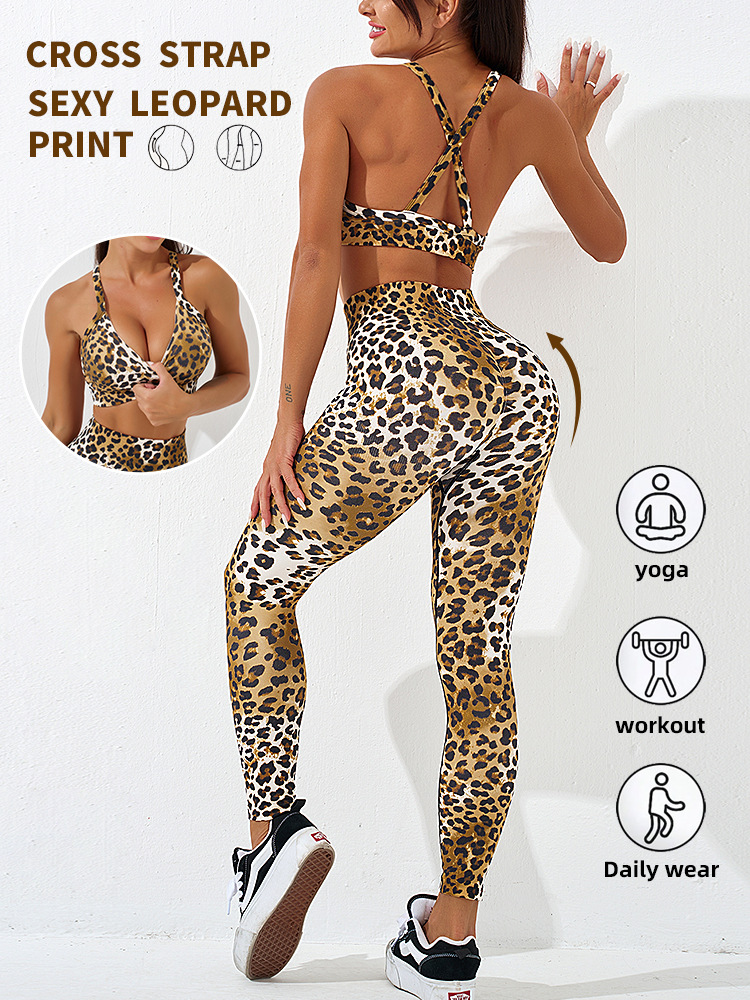 Amazon Sexy Leopard Print Yoga Suit Sports Fitness Pilates Bra Skinny Hip Raise Trousers Two-Piece Set