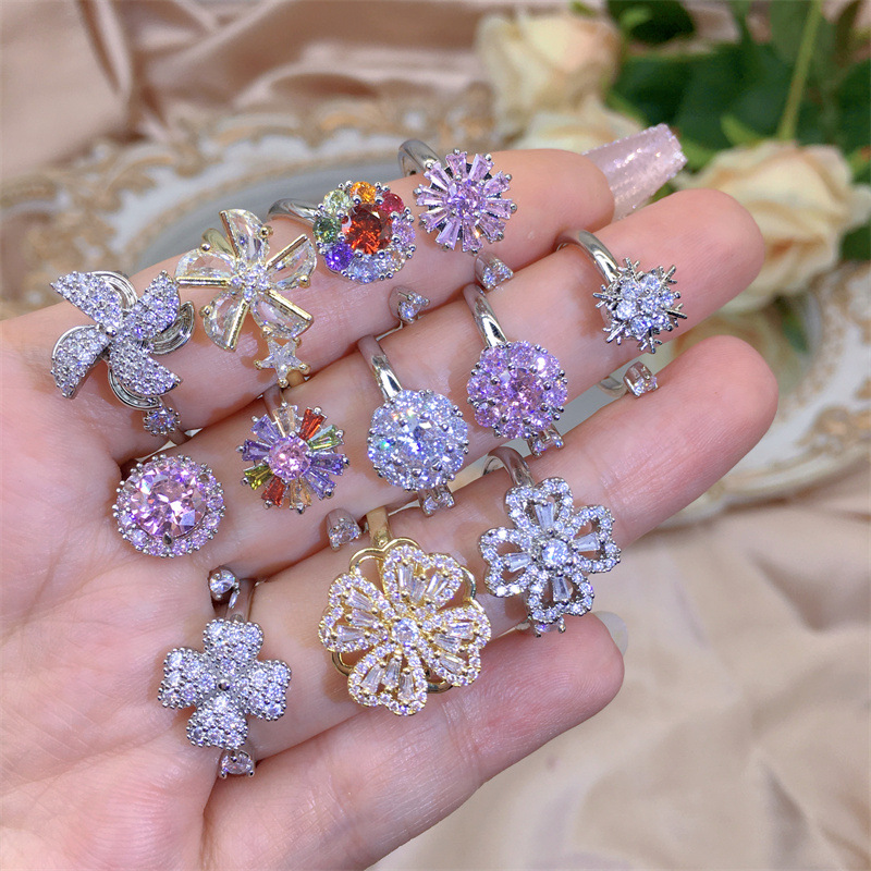 Rotating Moving Ring Flower Zircon Super Flash Ring Opening Color Retention Niche Design Fashion Hand Accessories Female Fashion