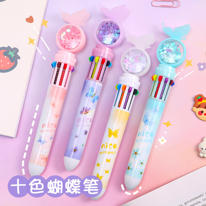 Cartoon Butterfly Ten-Color Ballpoint Pen Student Multi-Color Press Oil Pen Multi-Functional 10-Color Ball Pen Stationery Journal Pen