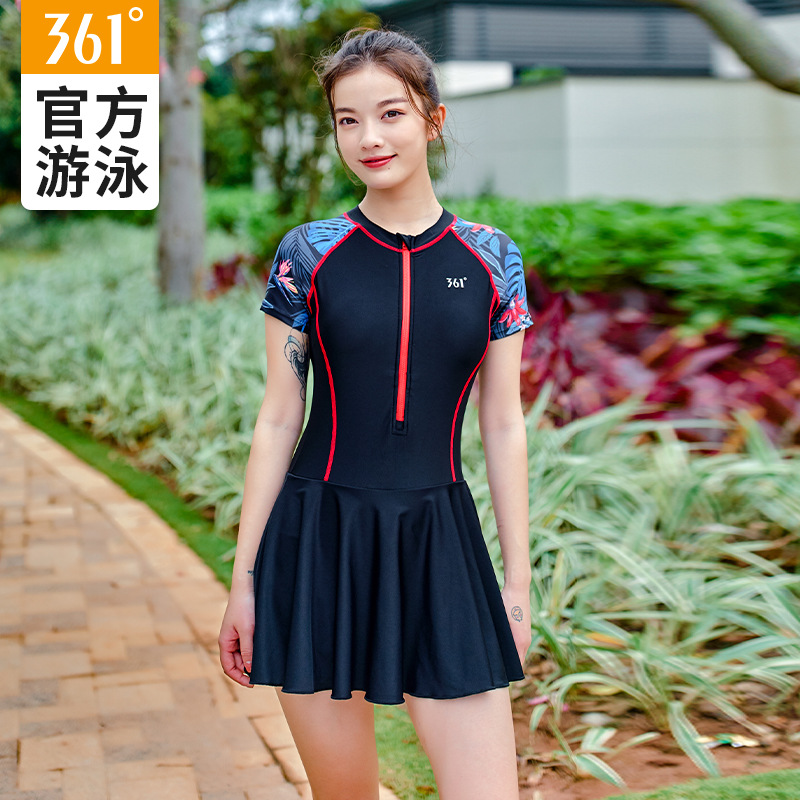 361 Swimsuit Women's Siamese Conservative Short Sleeve Skirt Cover Belly Slimming Korean Ins2023 New Hot Spring Swimsuit