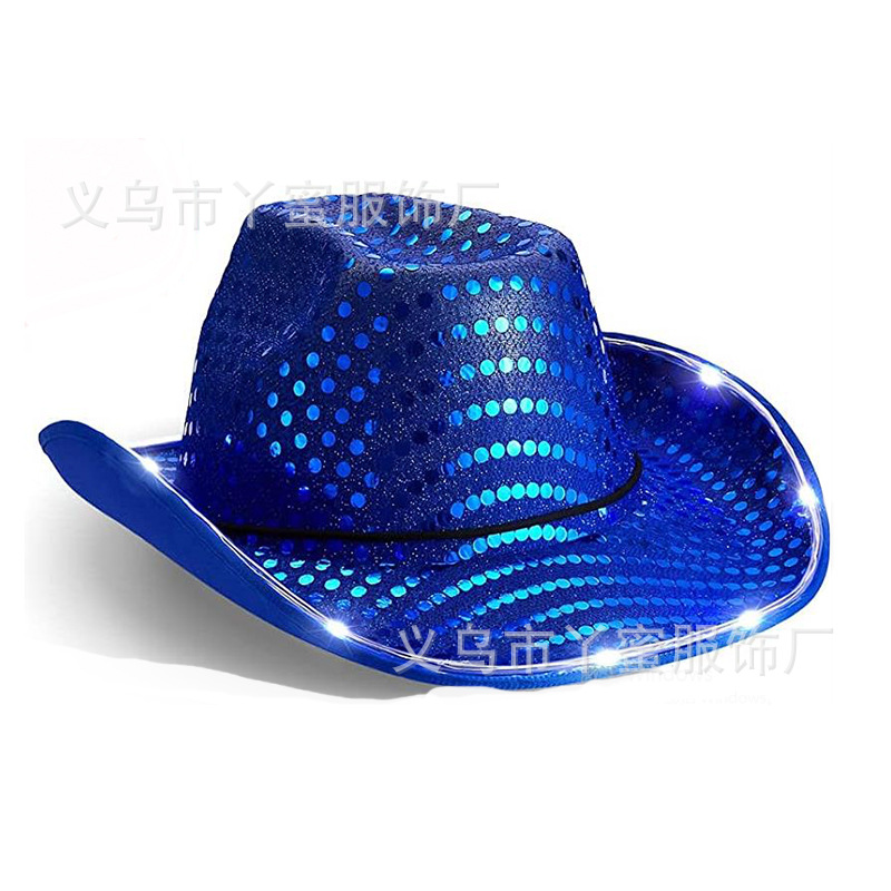 Halloween Party Silver Paillette with Lights Big Brim Eva Composite Shaping Cap Halloween with Lights Cowboy Hat