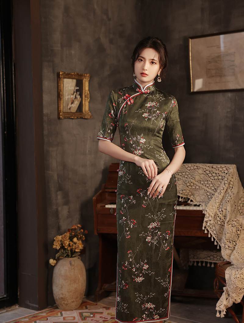 秋冬季新品墨绿色印花锦缎旗袍 改良复古中式传统长款礼服旗袍