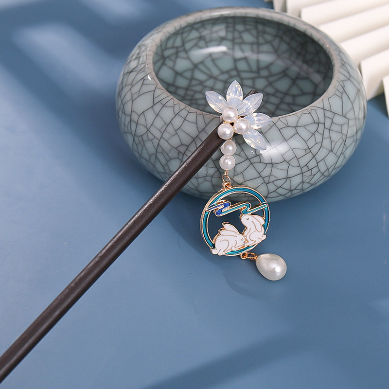 木簪子古风兔子流苏发簪中秋月亮发饰汉服盘发簪子女古装头饰批发