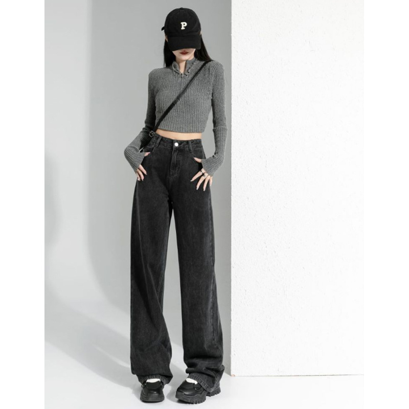 黑灰色阔腿牛仔裤女秋冬高腰宽松显瘦垂感泫雅拖地裤子ins高街潮
