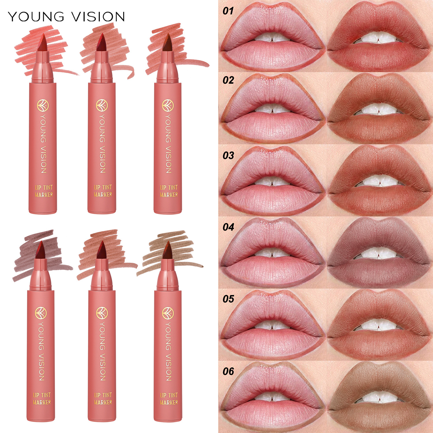 Young Vision Lip Stain Pen 6 Colors Optional Lipstick Water Lip Liner Matte No Stain on Cup Lip Stain
