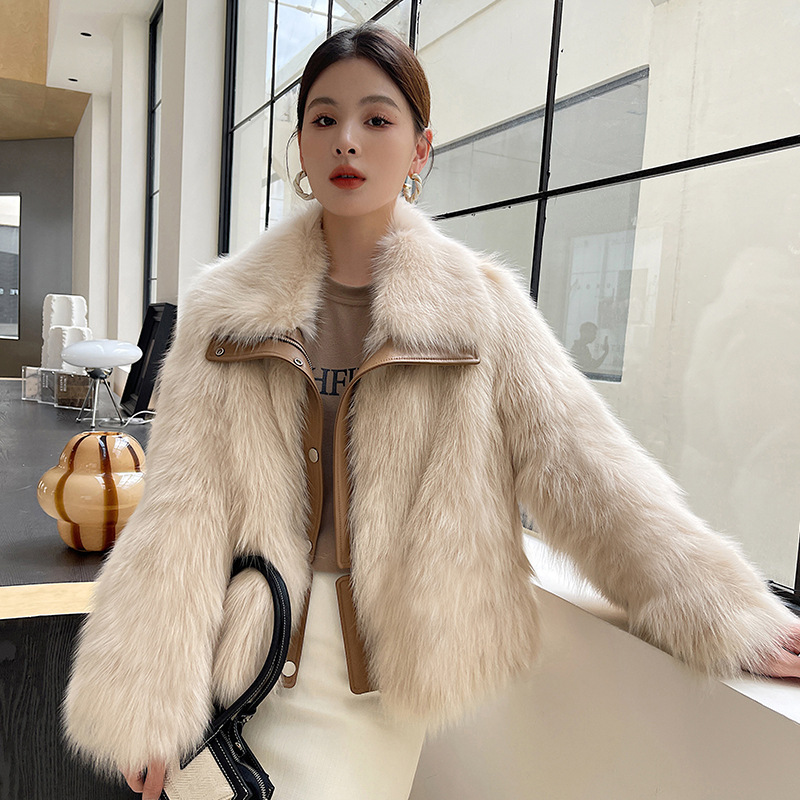 立翻领芬兰进口狐狸毛拼皮皮草外套女年轻皮毛一体大衣2023冬新款