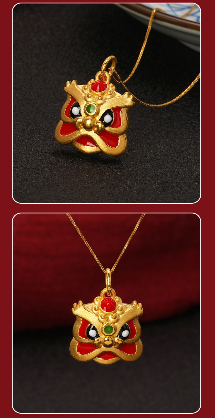 越南沙金镀黄金醒狮吊坠3d硬金工艺喜狮金狮子挂坠舞狮男女款项链
