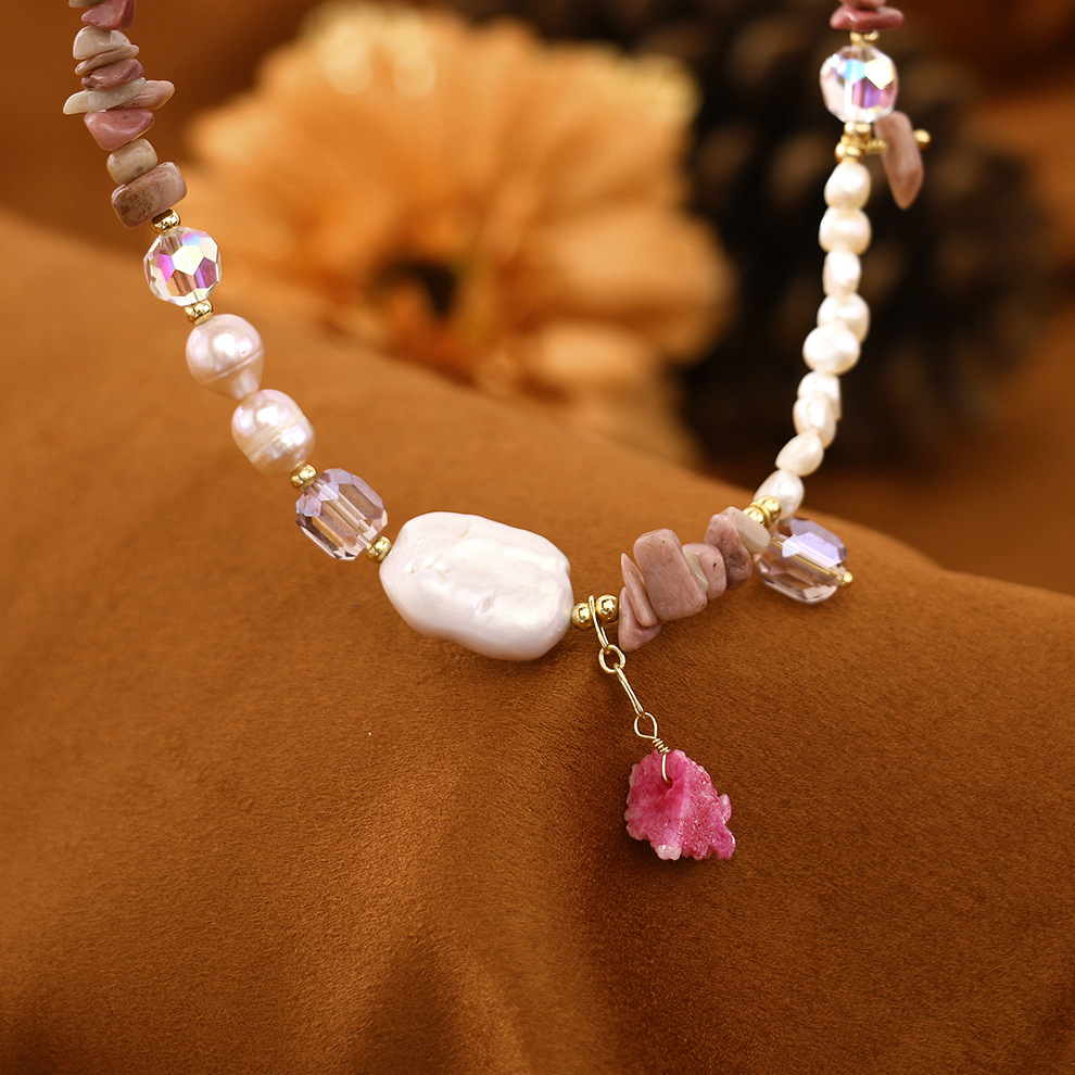 Original Baroque Rose Stone Freshwater Pearl Necklace Light Luxury Ornament Minority All-Match Elegance Retro Clavicle Chain