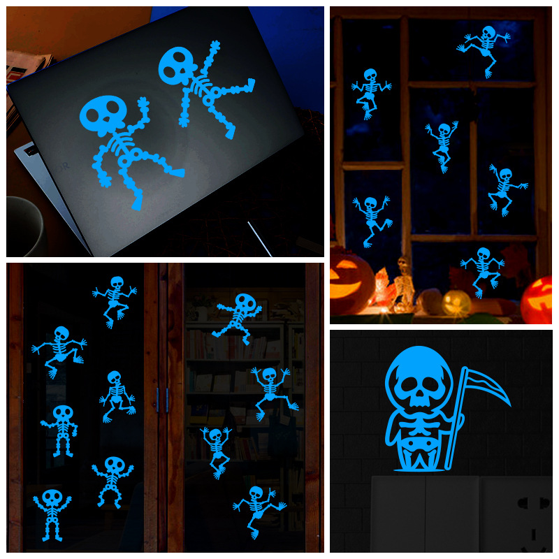 Halloween Foreign Trade Fluorescent Blue Skull Halloween Luminous Stickers Festival Showcase Decorative Stickers Factory Direct Sales