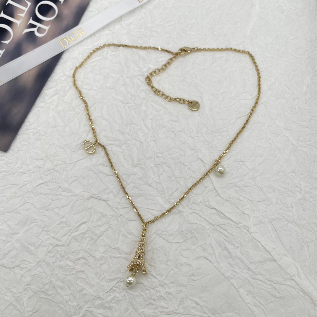 [迪家]23年7月新款黄铜镀金镶珍珠埃菲尔铁塔项链长款珍珠吊坠女