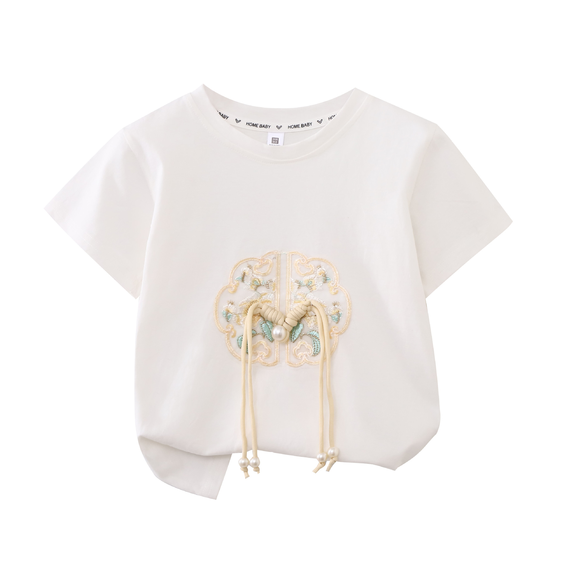 纯棉儿童夏季国风刺绣盘扣t恤女童国风中式中国风圆领上衣短袖