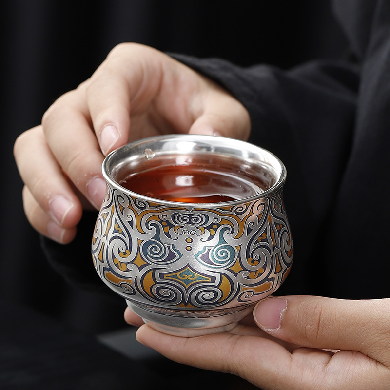 何赋森鎏银茶杯主人杯单杯品茗杯纯手工战国系列手绘功夫茶具茶杯