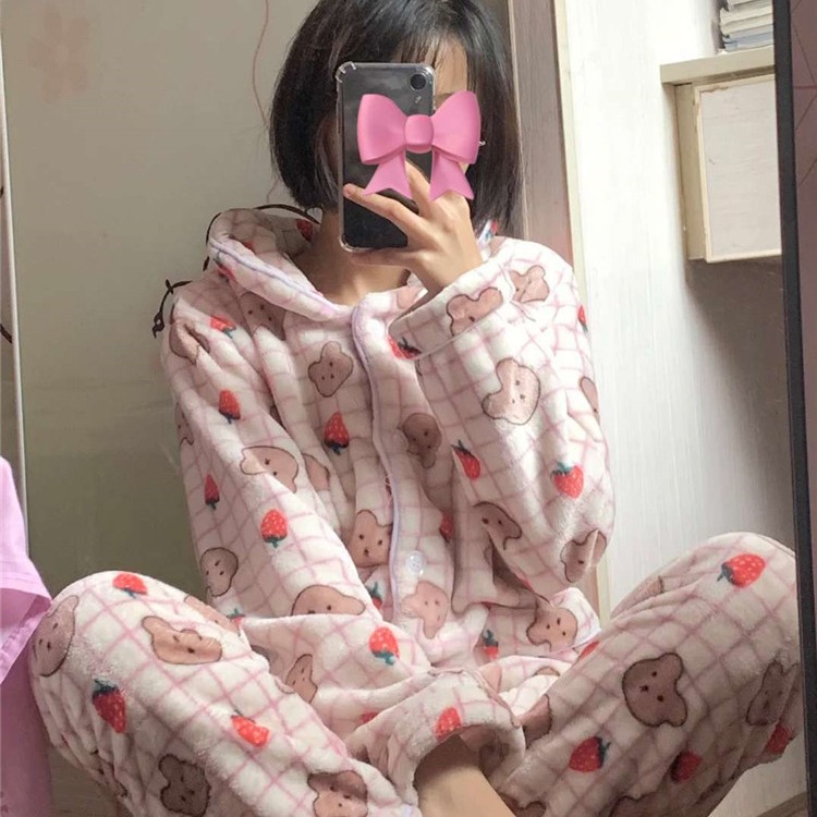 睡衣草莓小熊开衫长袖长裤绒里甜美睡衣少女家居服