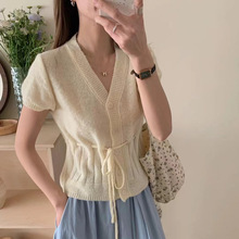 韩国chic夏季甜美温柔风V领系带收腰显瘦百搭短袖针织开衫上衣女