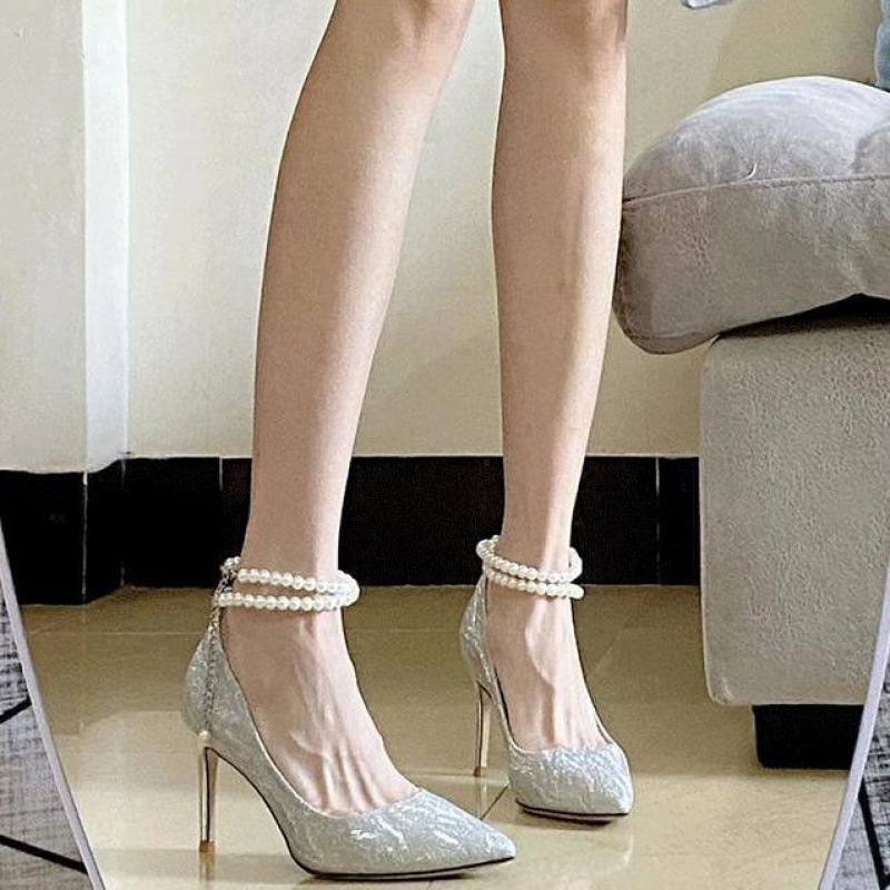 Silver High Heels French Style Crystal Shoes 2023 Spring and Autumn New Wedding Shoes with Beaded Pointed Women's Stiletto Heel Pumps