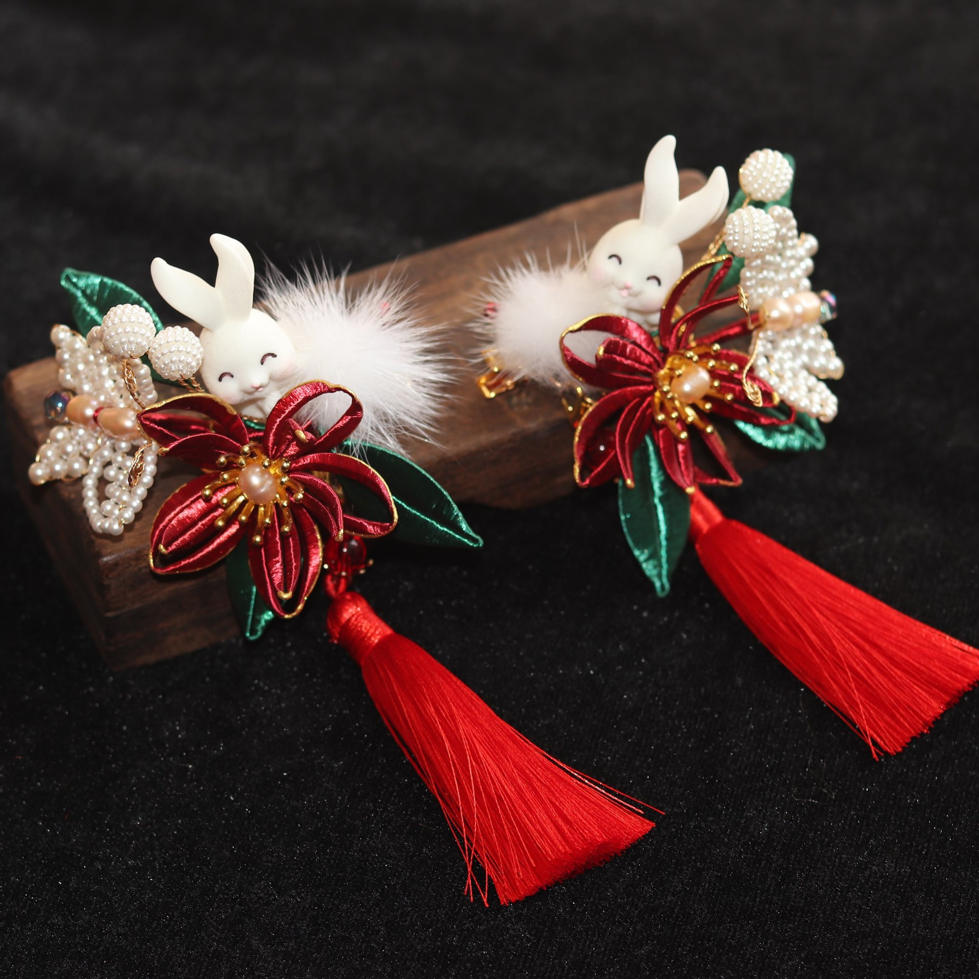 缠花汉服毛球头饰兔子发夹古风毛绒发饰毛毛球流苏抓夹女边夹配饰