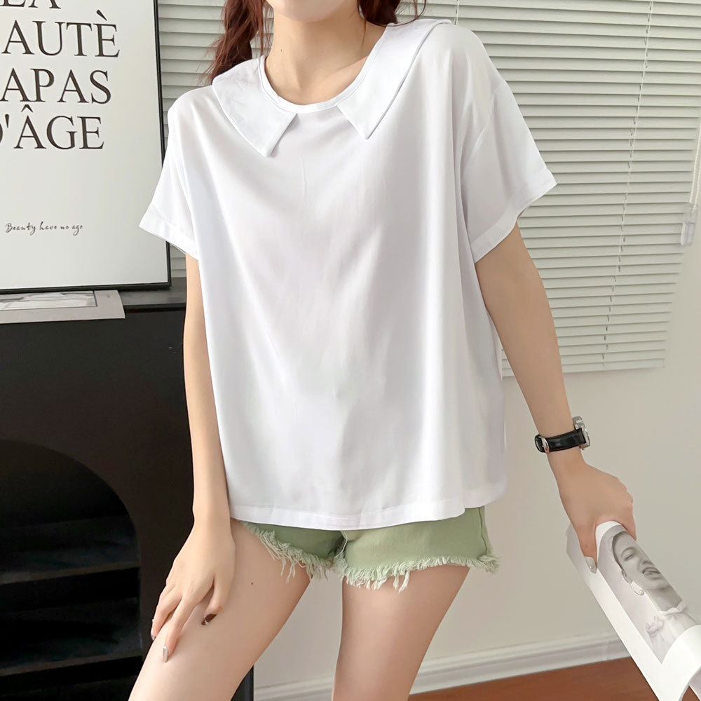 棉绸衬衫女夏季宽松纯色百搭套头短袖t恤衫娃娃领时尚人造棉上衣