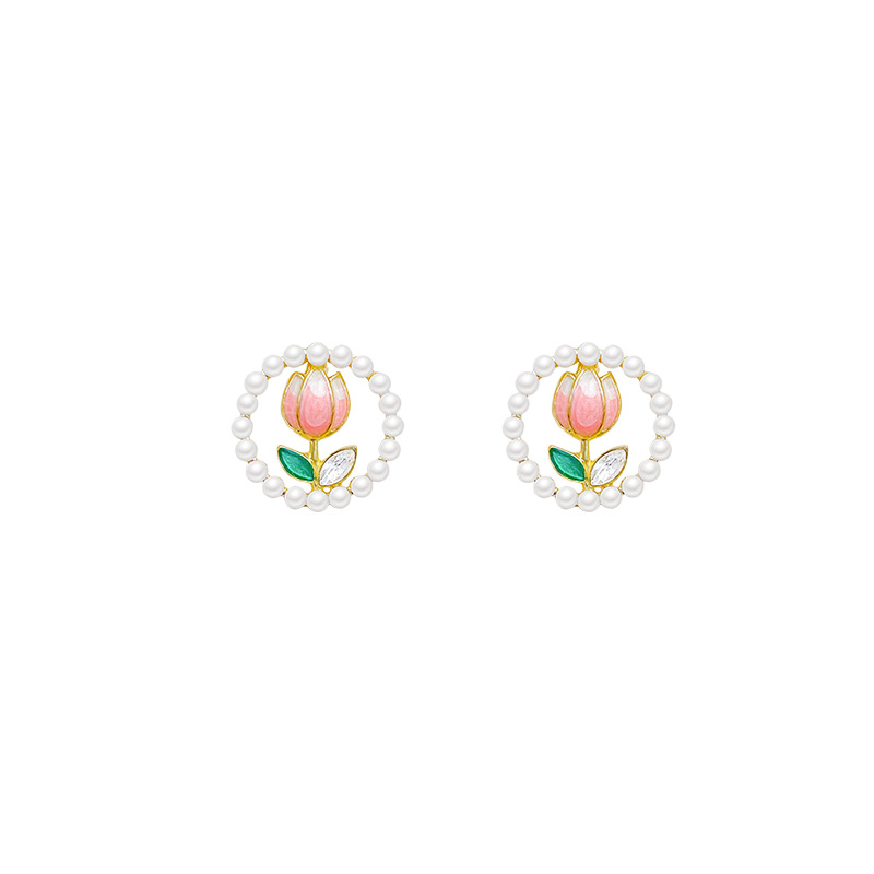 Sterling Silver Needle Tulip Flower Stud Earrings for Women Cute Sweet Pink Earrings Fresh Niche Design Earrings