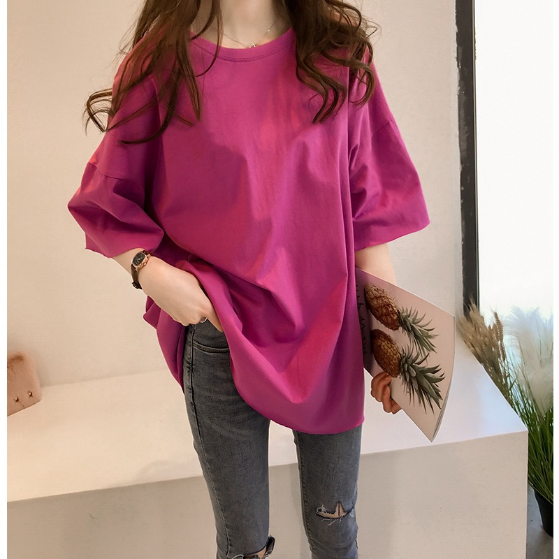 solid color t-shirt women‘s short sleeve korean style loose large size slimming plump girls mid-length student half sleeve large version top clothes summer