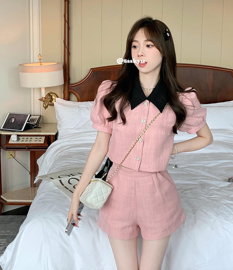 港味小香风甜美套装女夏季新款polo领短款上衣高腰阔腿短裤两件套