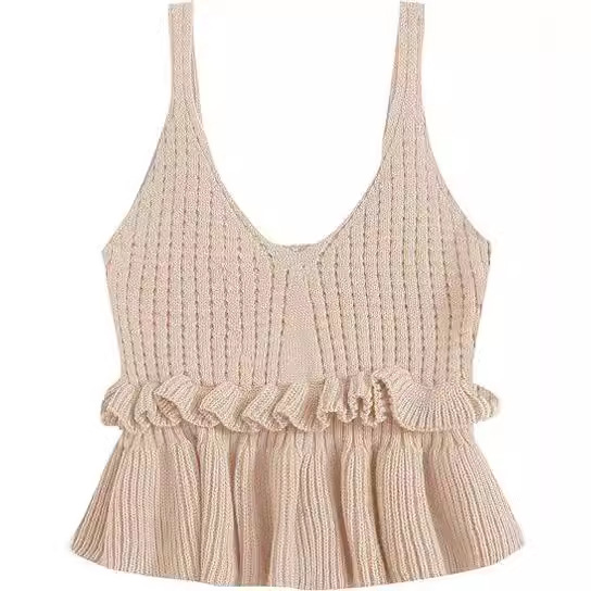 欧美跨境外贸亚马逊新款女式针织衫无袖褶边v领荷叶边露脐女装