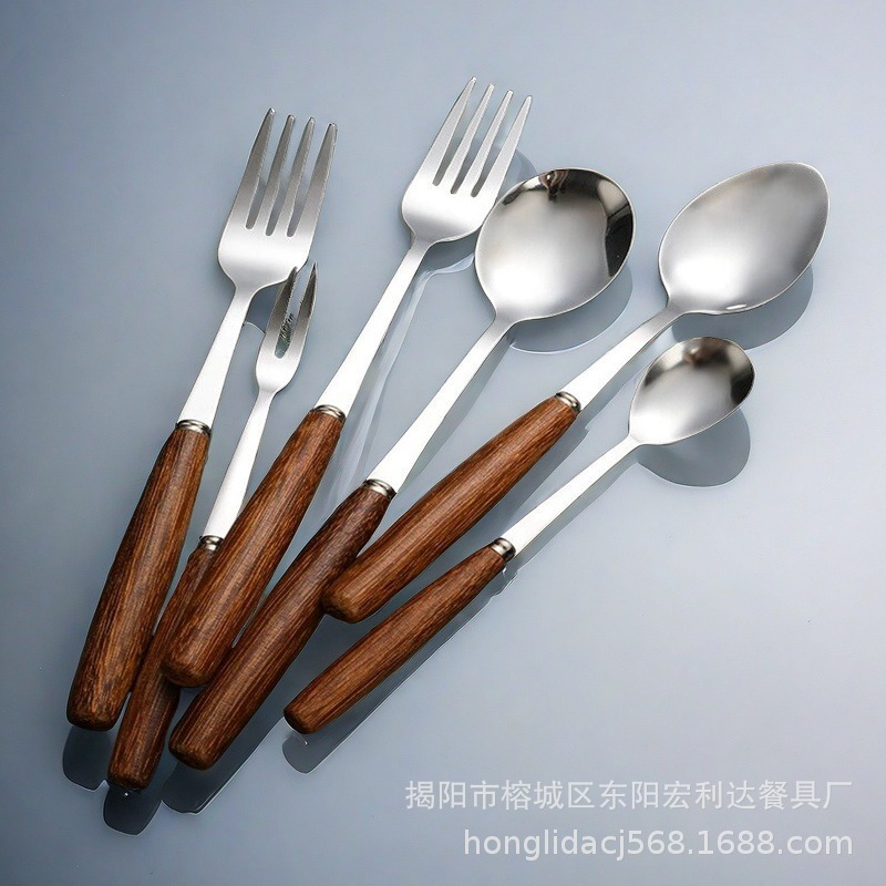 复古鸡翅木柄餐具不锈钢西餐餐具实木主餐勺酒店甜品雪糕勺调羹勺
