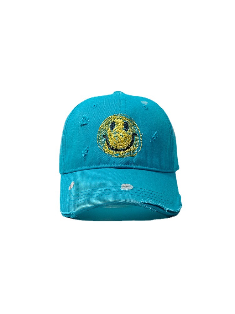 Smiley Face Make Old Ripped Hat Men's Personality Retro Baseball Cap Summer Tide Hip Hop Soft Top Wine Red Peaked Cap Women's Wide Brim