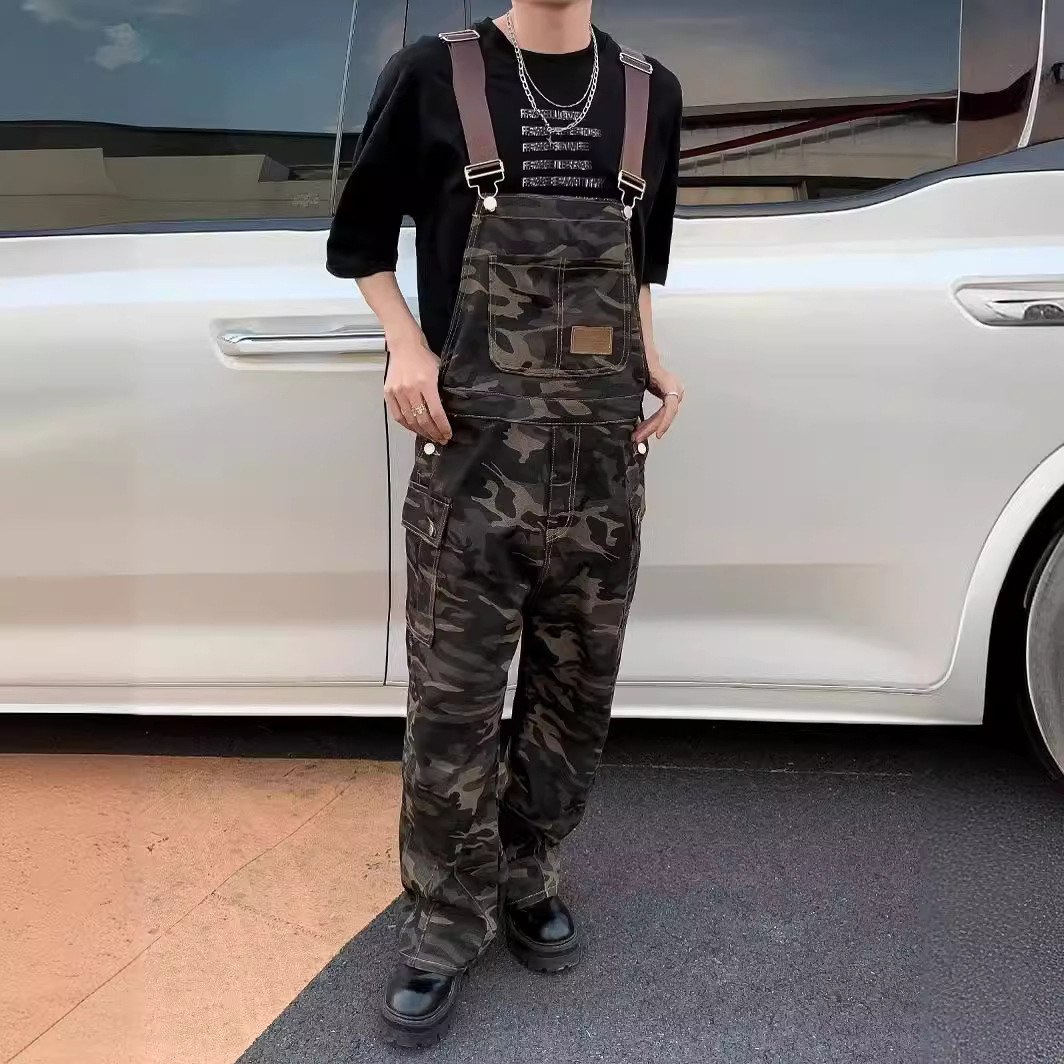 个性都市美式复古迷彩工装背带裤连体裤直筒宽松休闲阔腿裤子男女