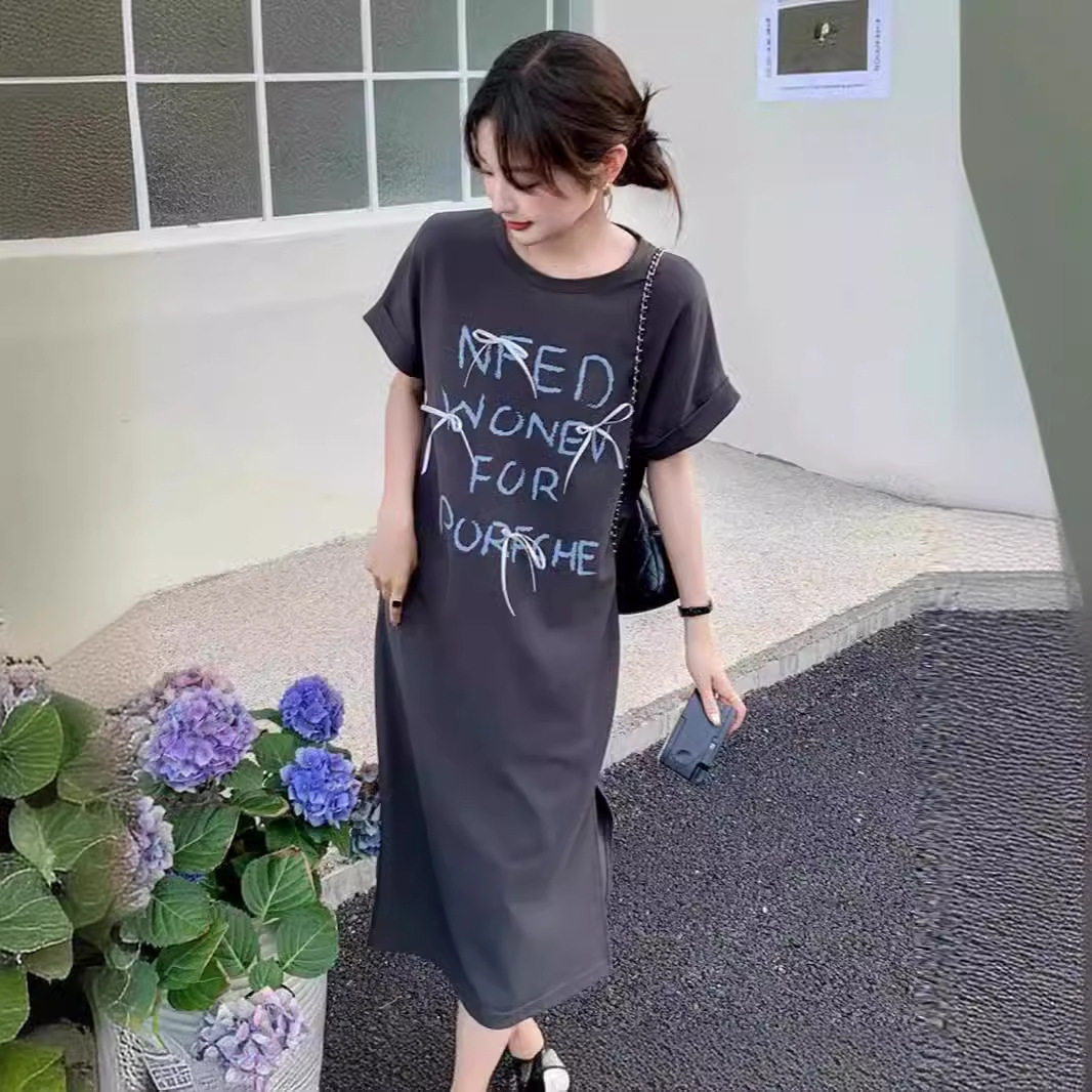 韩版宽松夏季慵懒复古中长款短袖t恤裙女显瘦气质连衣裙休闲长裙