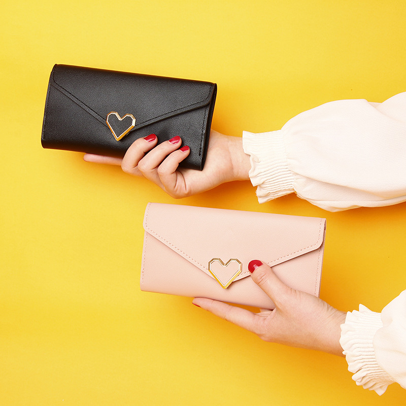 women‘s wallet long wallet heart-shaped buckle three-fold coin purse female student multi-card-slot card holder clutch