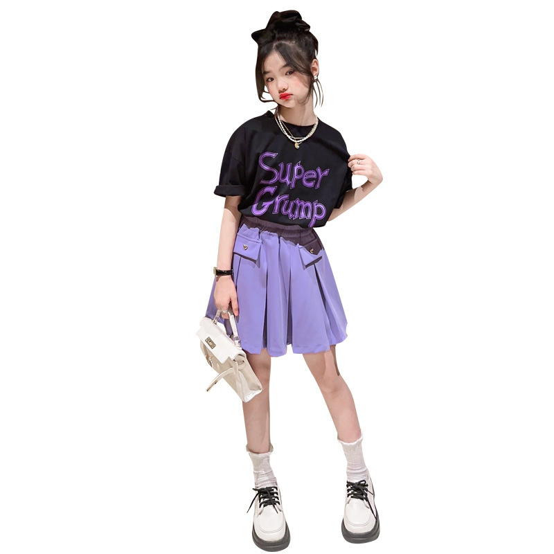 Girls' Short-Sleeved Skirt Fashionable Summer T-shirt Pleated Skirt Preppy Style Suit Medium and Big Children Fashionable Summer Clothing Two-Piece Set