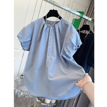 DAXI法式设计绝美泡泡袖短袖衬衫宽松chic小衫上衣女韩版蓝色白色