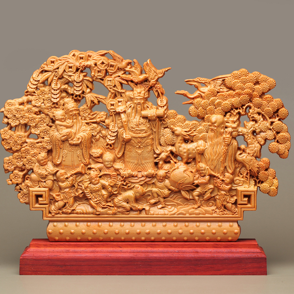 福禄寿崖柏黄杨木木雕仿古中式寿礼寓意长命百岁过寿送礼摆件