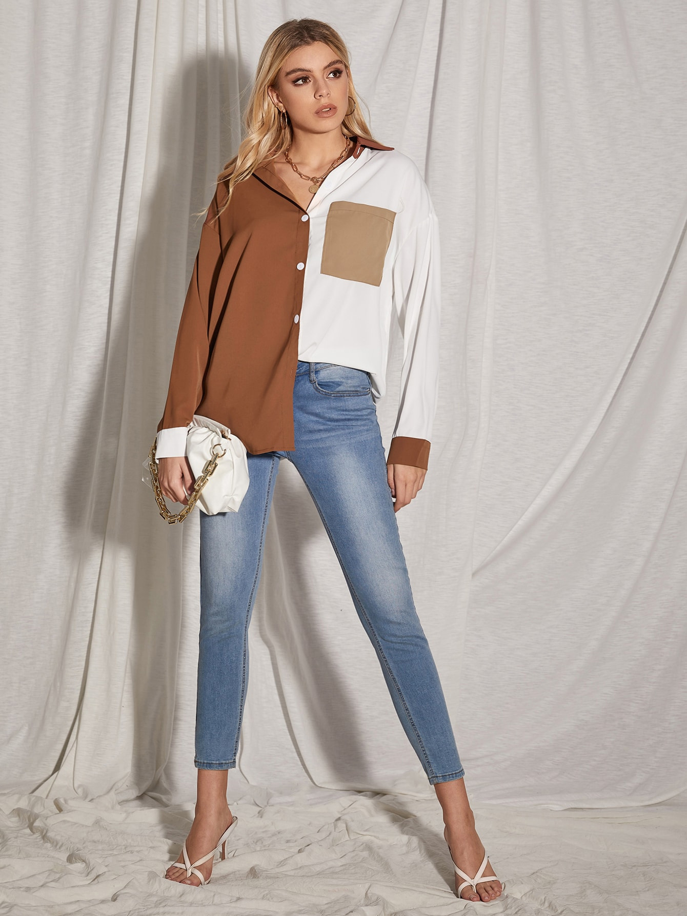 欧美新款女装修身衬衫上衣拼接撞色口袋跨境外贸服装速卖通亚马逊