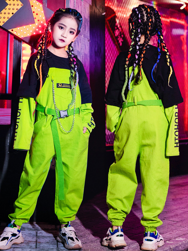 男童嘻哈街舞演出服套装女童模特走秀服装时尚儿童背带裤元旦表演