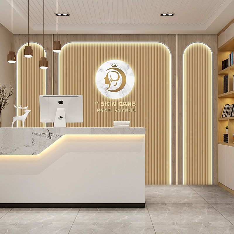 美容院spa会所前台墙纸木纹大理石logo采耳美甲店收银台背景壁纸