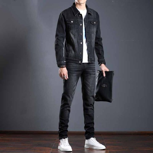 牛仔套装男弹力两件套修身黑色潮流夹克一身衣服