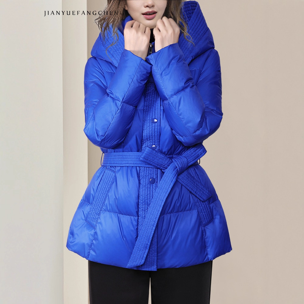 可2025秋冬蓝色羽绒服保暖连帽白鸭绒外套克莱因蓝羽绒衣