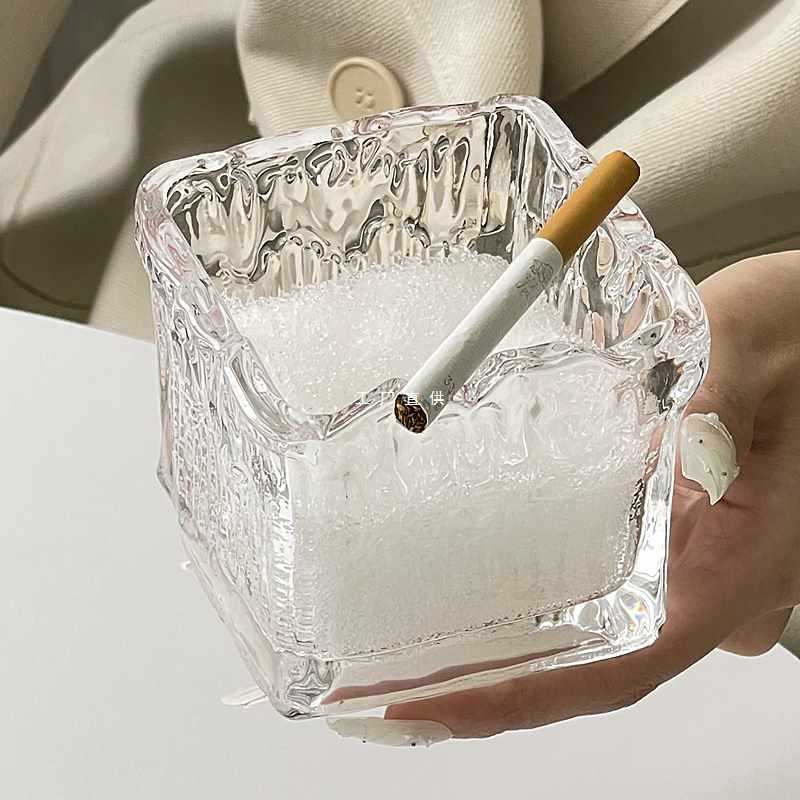 y8z复古ins风简约不规则玻璃烟灰缸大容量防飞烟轻奢家用客厅小摆