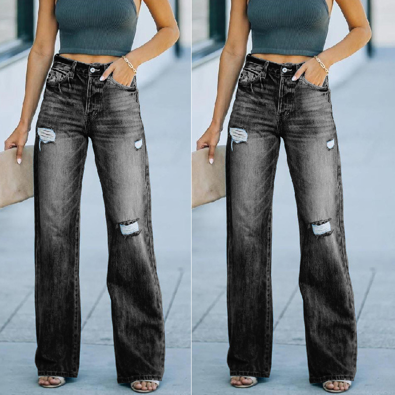   Men's Pants New Exclusive for Cross-Border European and American adies Jeans Fashion Ripped Slimming High Wide eg Pants Foreign Trade