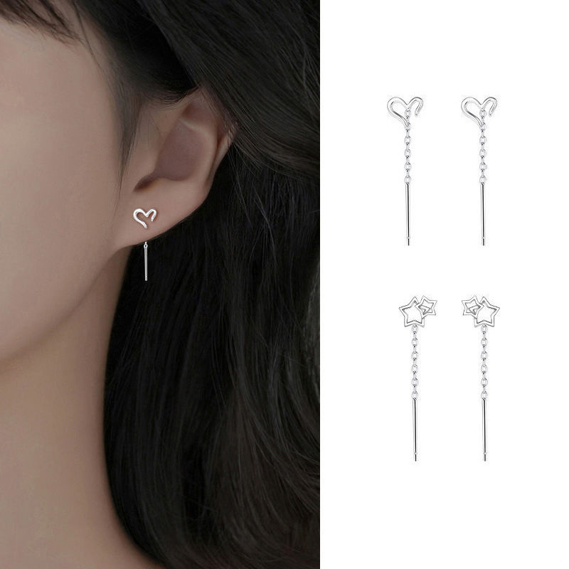 镂空大小星星耳线新款爱心耳链日常通勤个性潮流链条流苏心形耳环