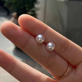 诸暨珍珠akoya海水珍珠耳钉6-7mm正圆极光耳饰18k金简约时尚素钉