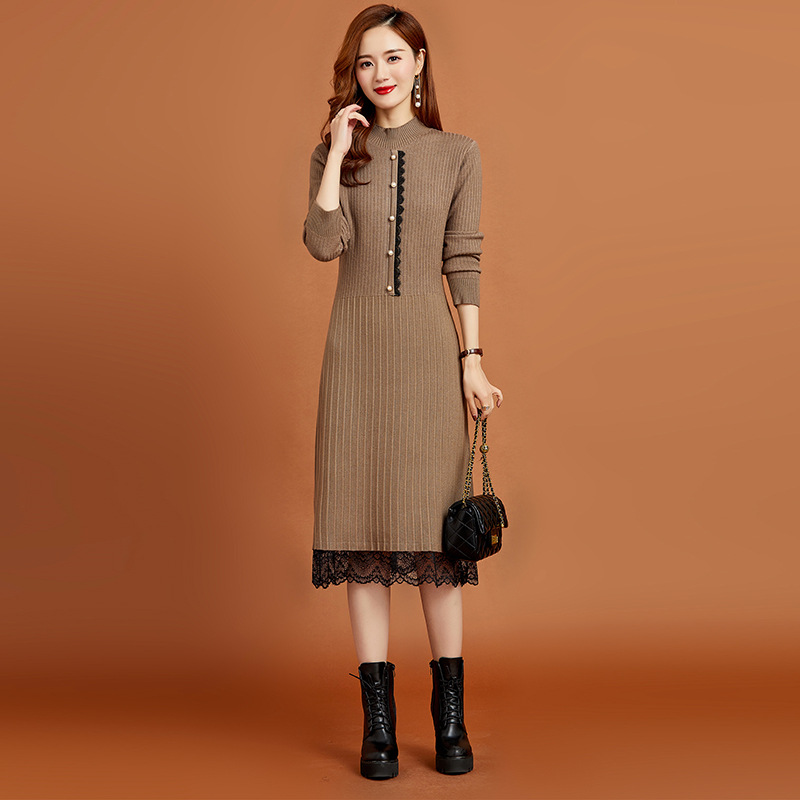 一体绒冬季连衣裙女2021年新款加厚加绒蕾丝中长款针织毛衣裙过膝