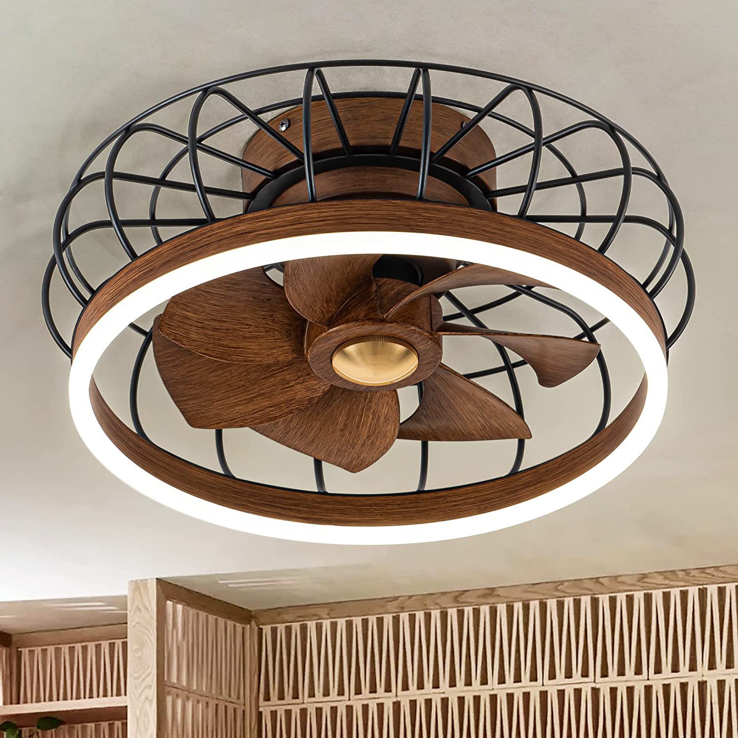 Metal Frame Led Wood Fan Light Indoor Ceiling Light Fixture Fan with Lights Remote Control