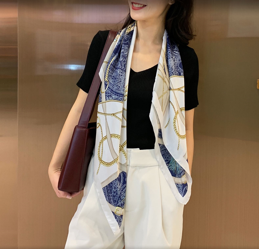 Spring and Autumn New 90 Large Kerchief Women's Scarf Artificial Silk Talma Chain Tassel Scarf Cross-Border Platform Supply