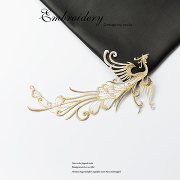 金银色凤凰刺绣布贴中国风衣服破洞补贴图案古风羽绒服贴补丁贴花